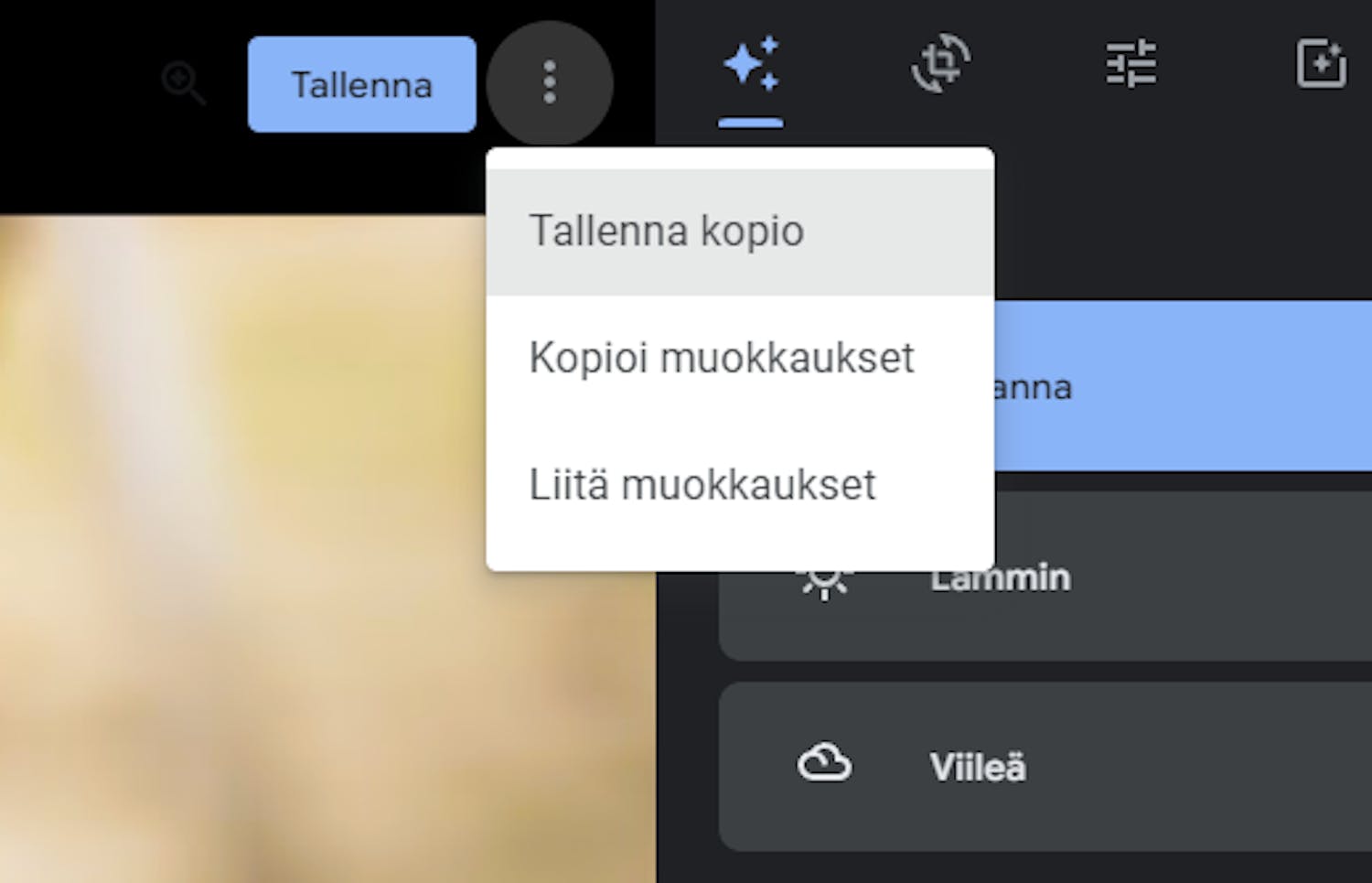 Tallenna kopio Voit valita tallennatko muokatun kuvan muokatun kuvan päälle vai haluatko tallentaa kopion muokatusta ja säilyttää muokkaamattoman tai toisen version.